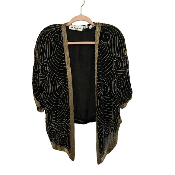 St. Honore Vintage Black & Gold Silk Beaded Flapper Jacket Top - Picture 2 of 8